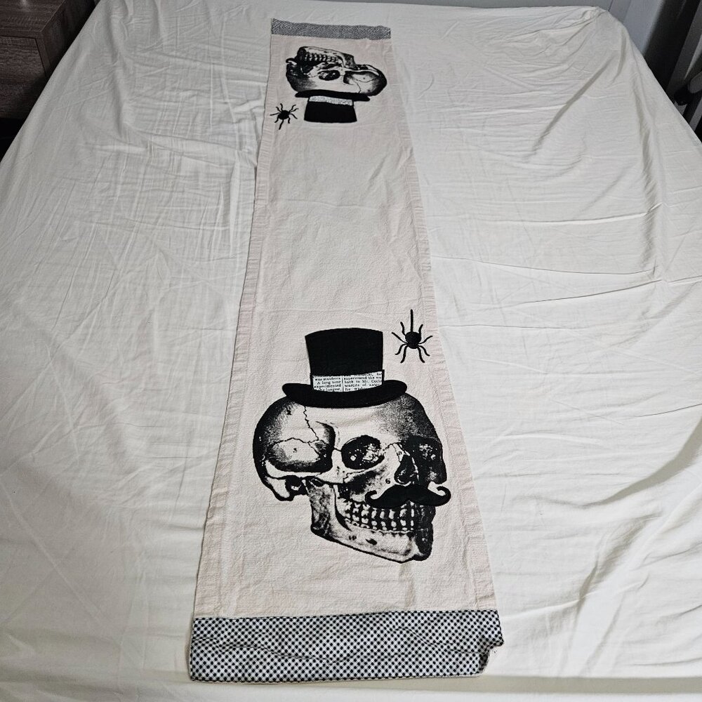 Skeleton Skull Table Runner Beige Black Top Hat Mustache Spider Gothic 67"x13"